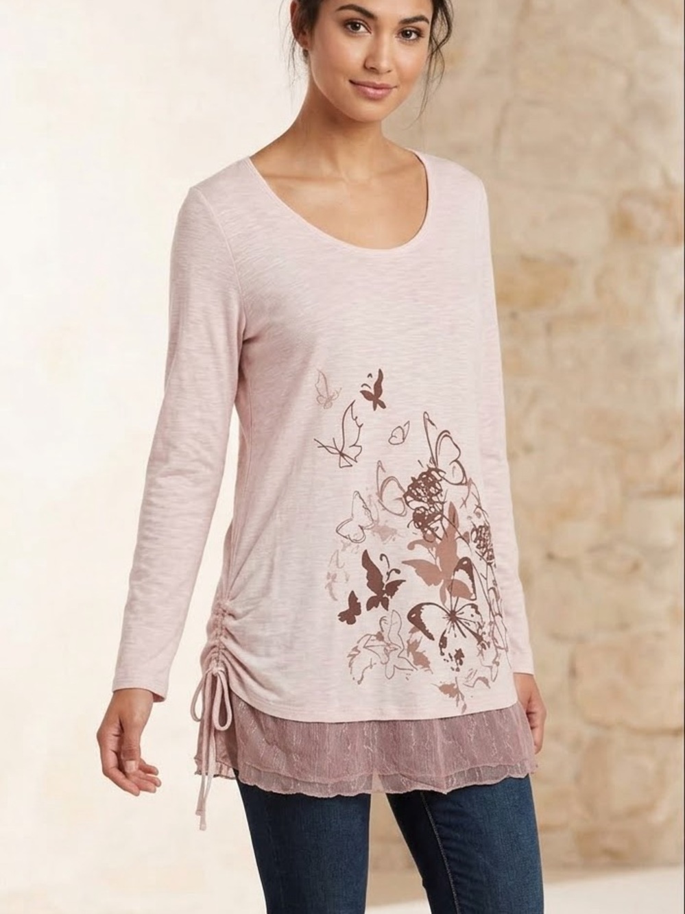Soft Surroundings Pink Butterfly Print Meadowlark Silk Hem Tunic Top Size M